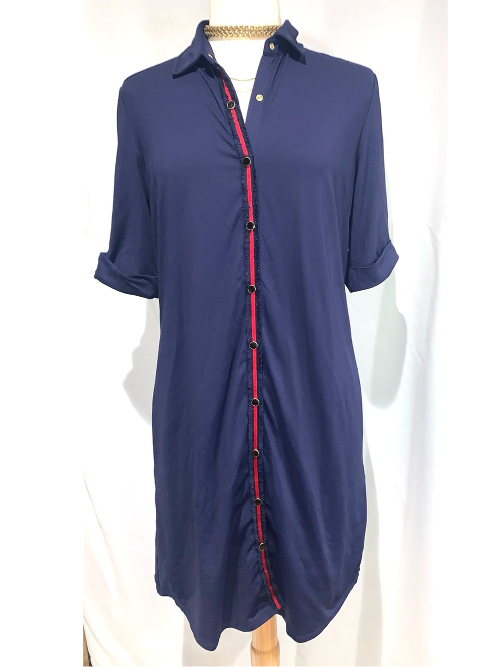 J. McLaughlin Navy Blue Snap-Front Shirt Dress with Red Trim women’s medium